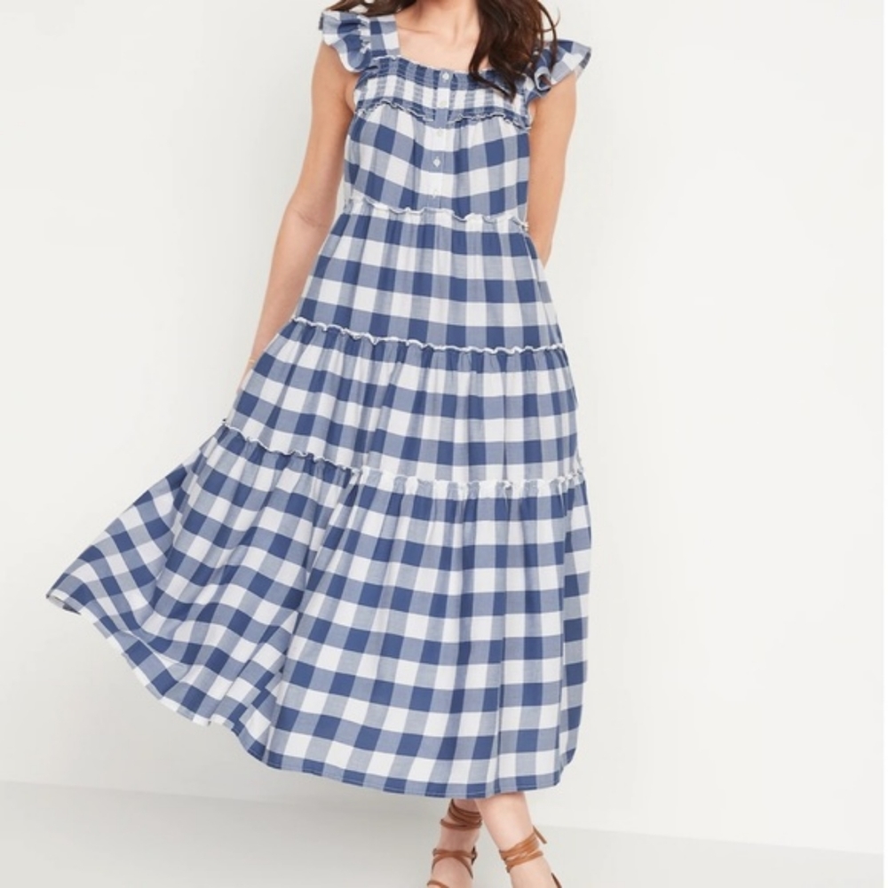 Old Navy Blue White Gingham Tiered Flutter Sleeve Midi Swing Dress